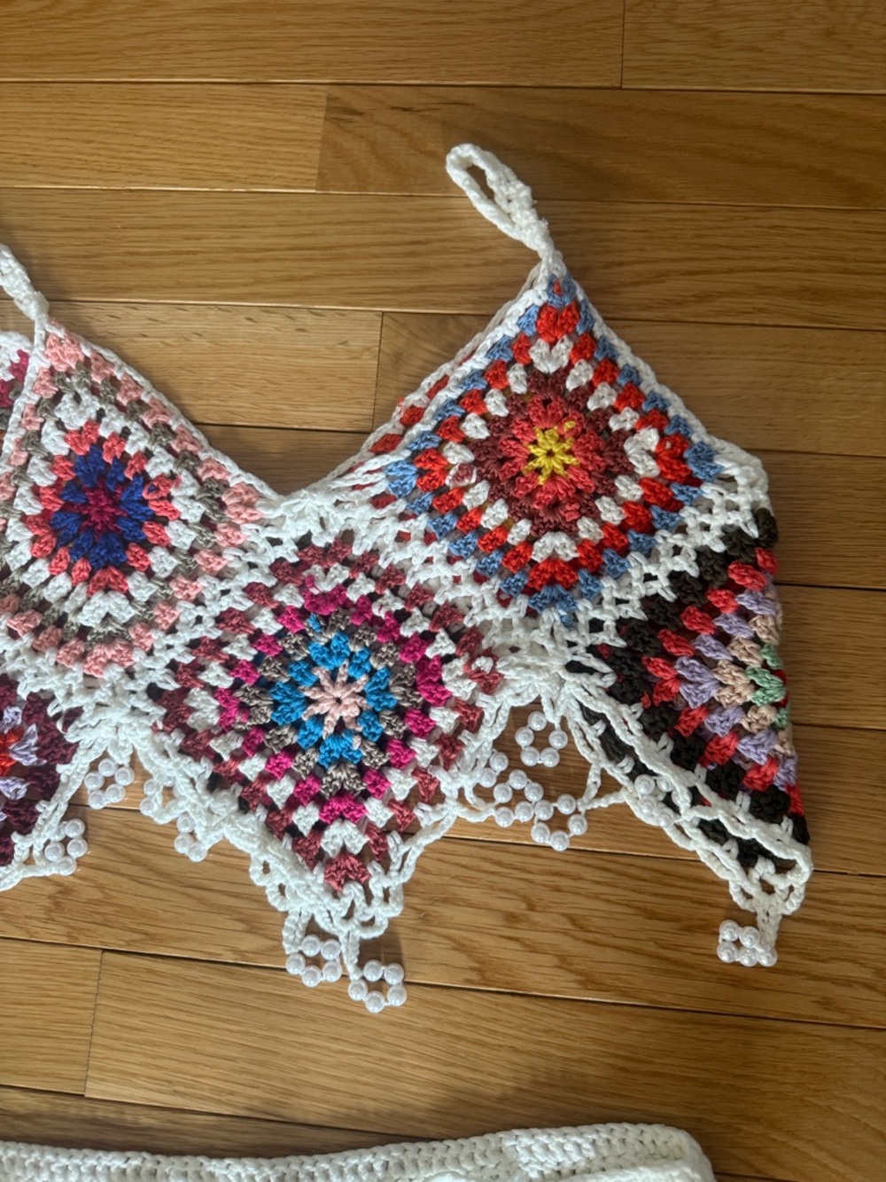 Handmade Crochet Two-Piece Set in White with Multicolor Squares - Picture 4 of 7